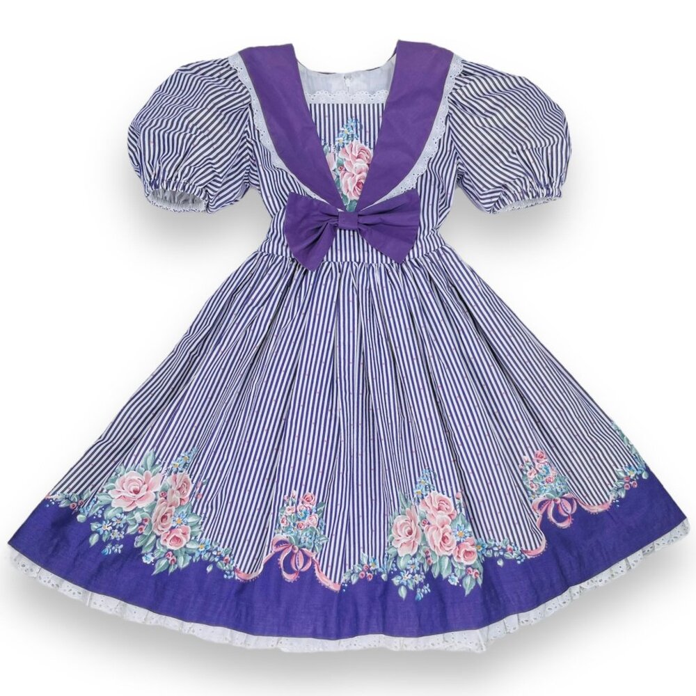Vintage Daisy Kingdom Girls Purple Stripe Rose Floral Sailor Puff Dress 5 - 6
